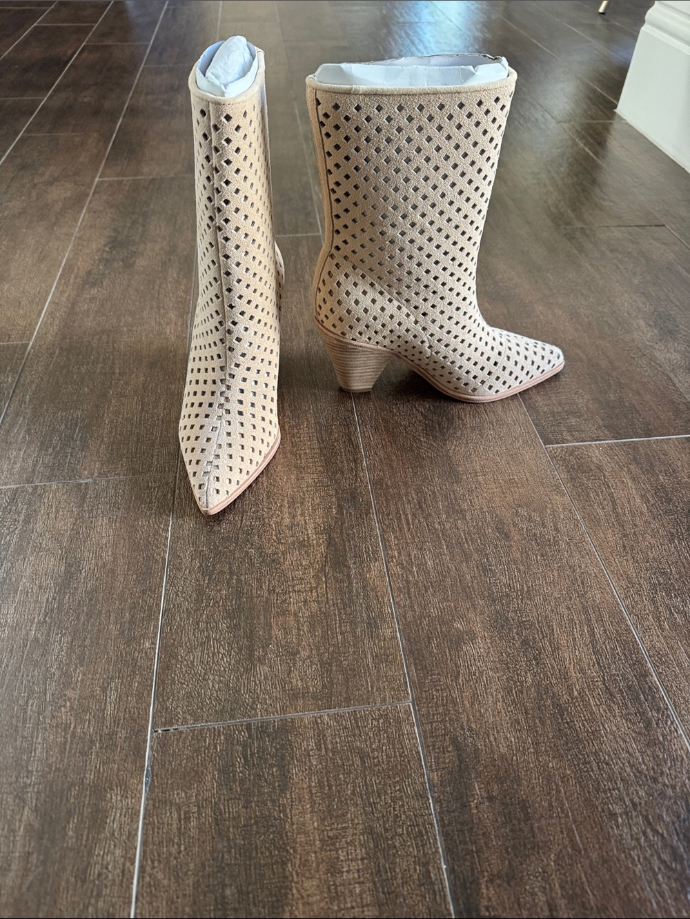 PAIGE Tan Perforated Pointed Toe Mid-Calf Booties